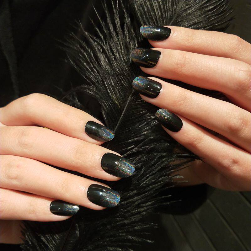 炫酷美甲成品抖音同款假指甲全贴片穿戴式可拆卸黑镭射闪粉中长款