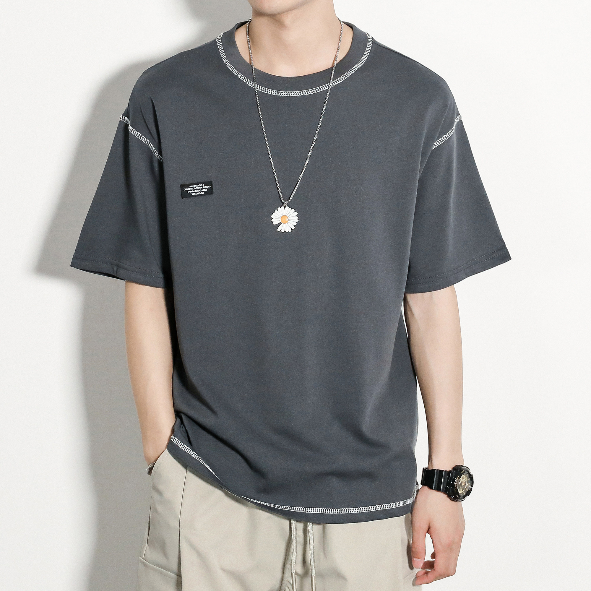 写意男装五分纯棉休闲百搭夏款日打底短袖宽松t恤