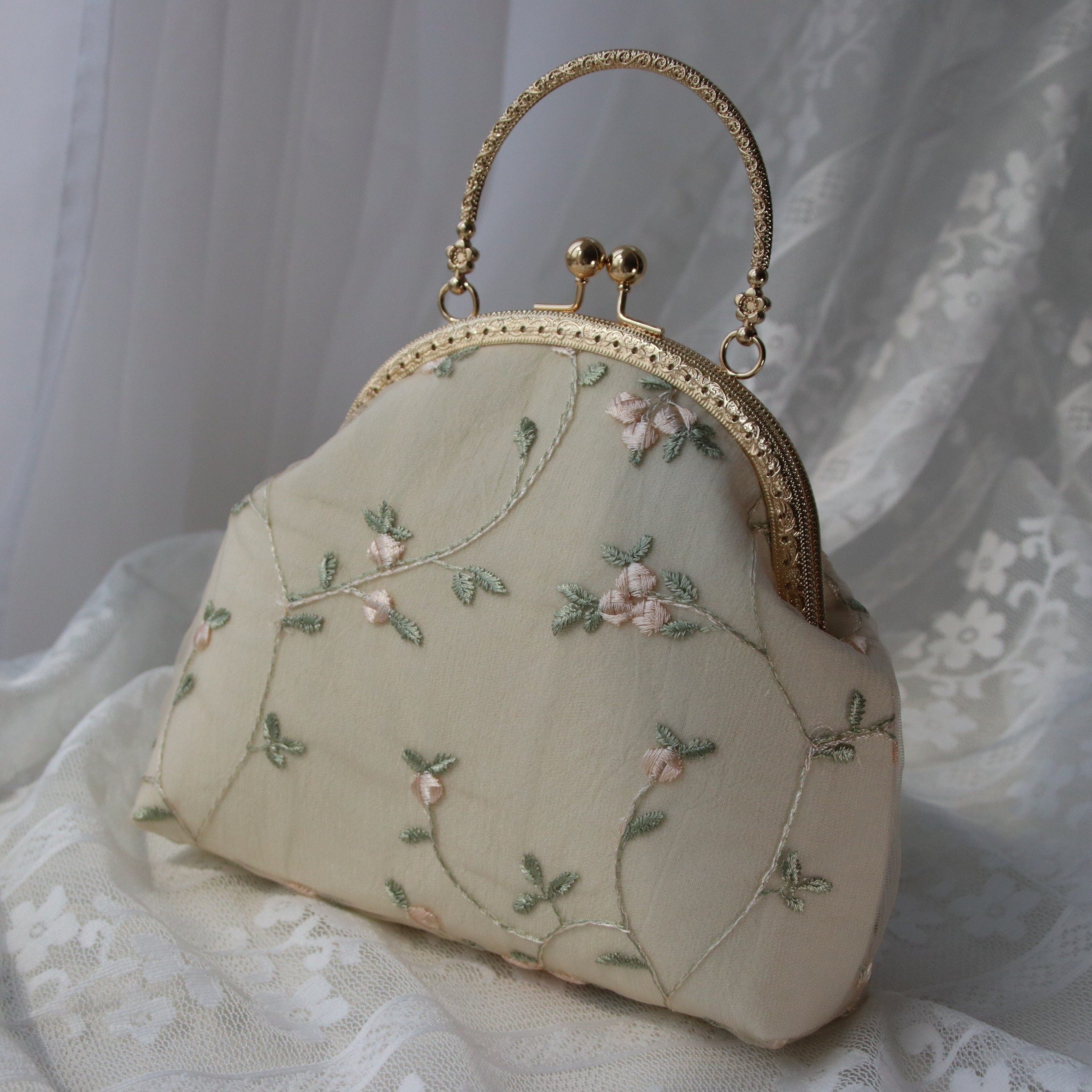复古蕾丝口金包布艺手工立体刺绣花朵手提包旗袍女士包袋