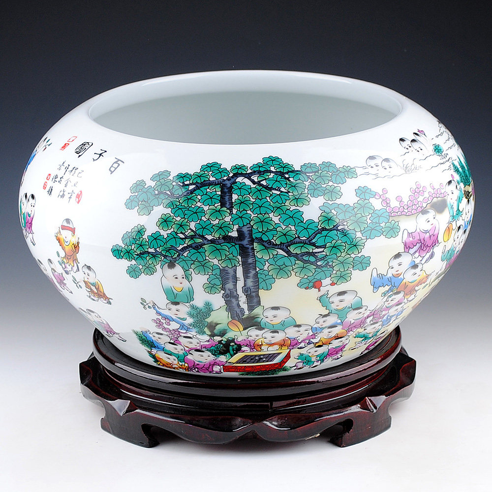 鸿轩 景德镇陶瓷器 百子图水浅金鱼缸龟缸水仙盆创意家居摆设大号