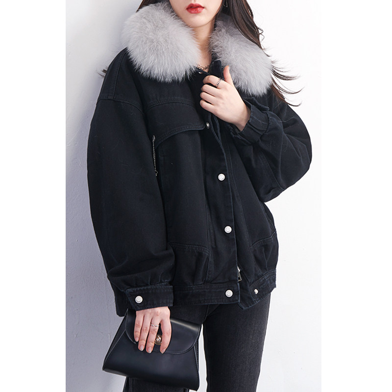 黑色牛仔羽绒两件套 两穿毛领内胆可拆卸小个子短款派克羽绒服女