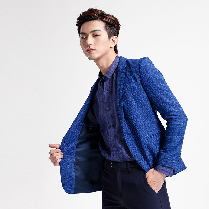 menseye男眼时尚蓝色西装男士休闲外套秋冬季修身西服