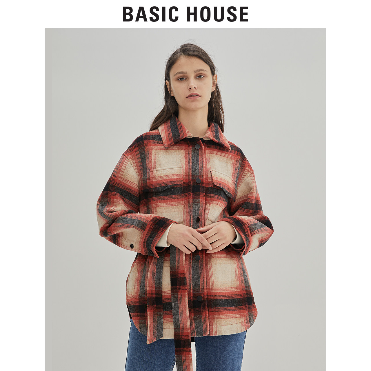 basichouse百家好女装冬季宽松格纹外套女韩风大短外套