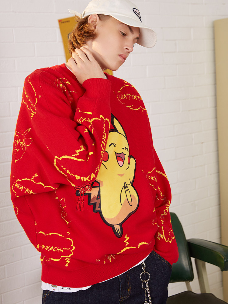 litlab宝可梦联名红色刺绣中国结皮卡丘新年毛衣男女涂鸦针织上衣