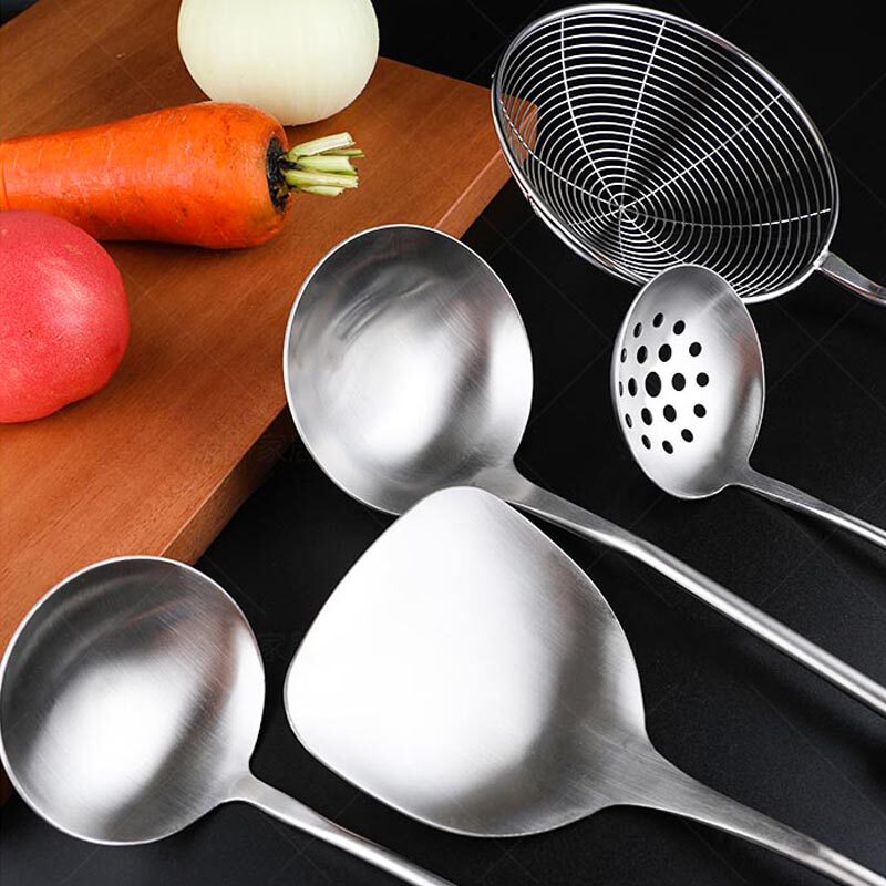 双枪漏勺汤漏勺小号火锅厨具不锈钢烹饪加长用木锅铲