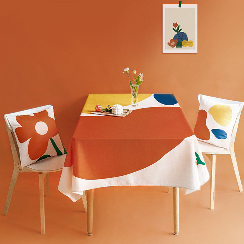 易度纯色色块简约桌布ins风橘色小花防水防烫桌布