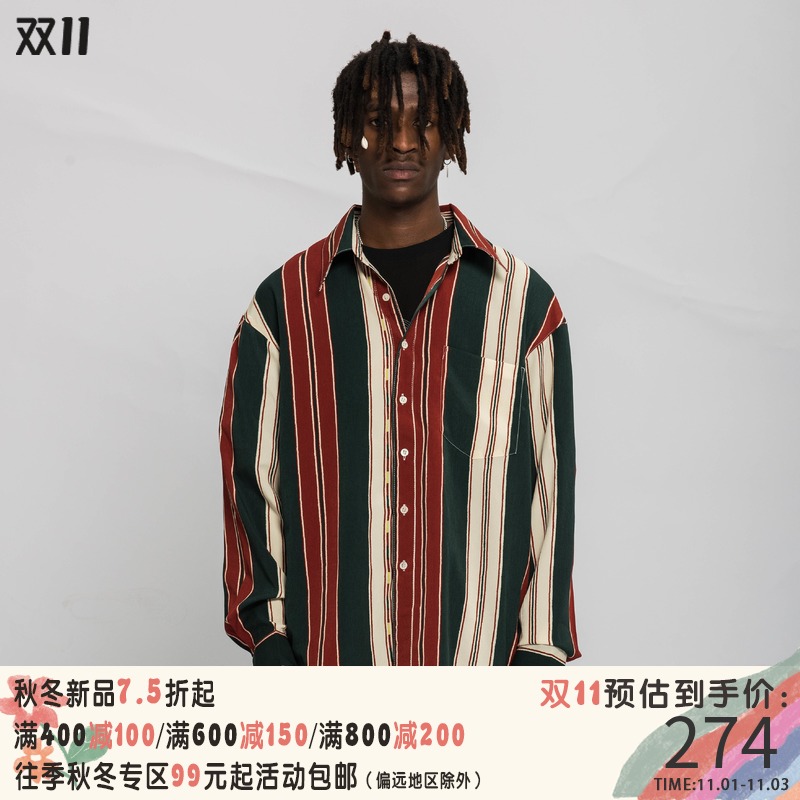 EMPTY REFERENCE 红绿条纹长袖宽松衬衫男国潮复古垂坠感尖领衬衣