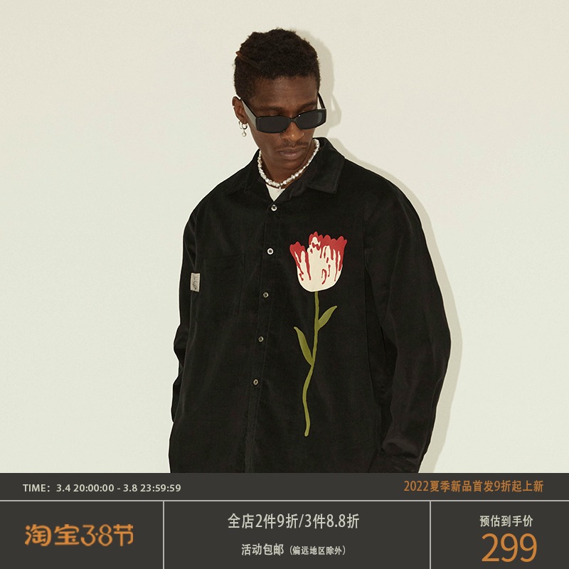 EMPTY REFERENCE 黑色原创郁金香印花灯芯绒长袖衬衫休闲情侣衬衣