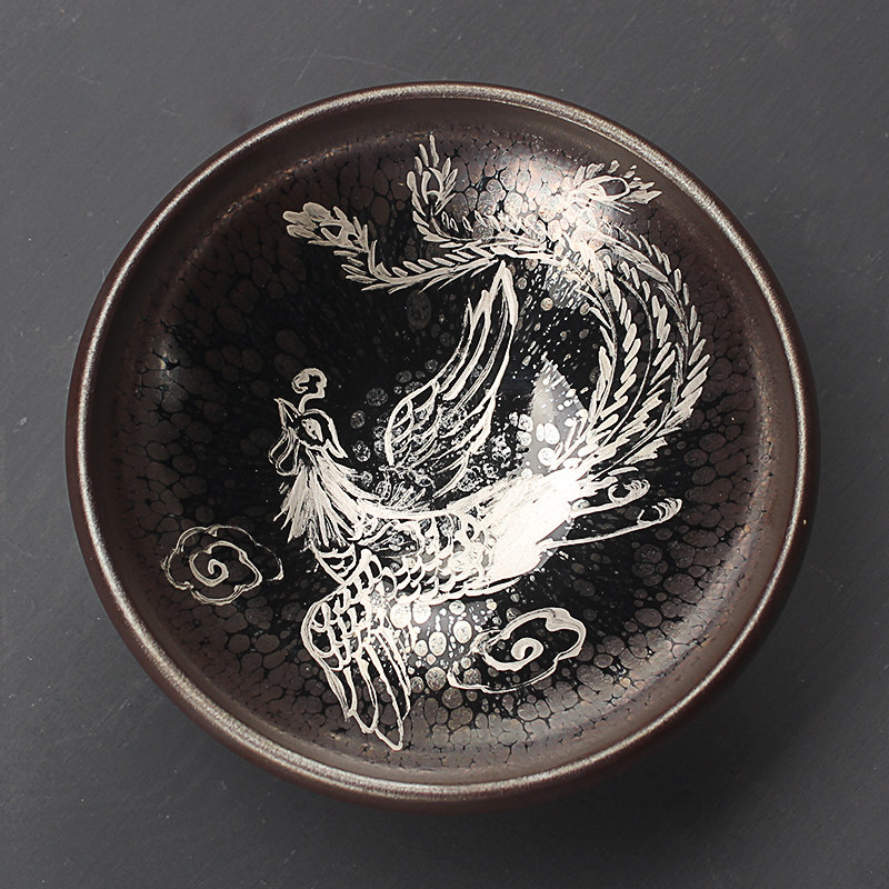 大号999纯银手绘龙凤建盏银杯子家用纯手工灯盏功夫茶杯主人单杯