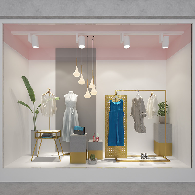 服装店橱窗展示架女装装饰道具设计摆件金色陈列服装展示架