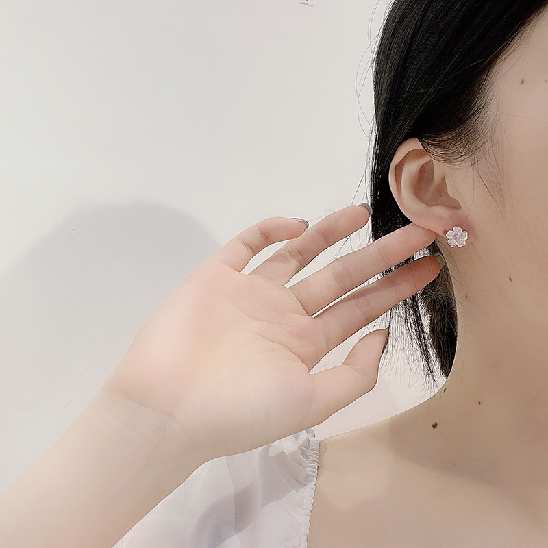 s925纯银樱花耳钉女韩版小清新简约百搭气质闺蜜耳环