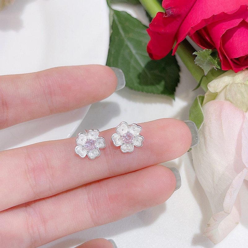 s925纯银樱花耳钉女韩版小清新简约百搭气质闺蜜耳环