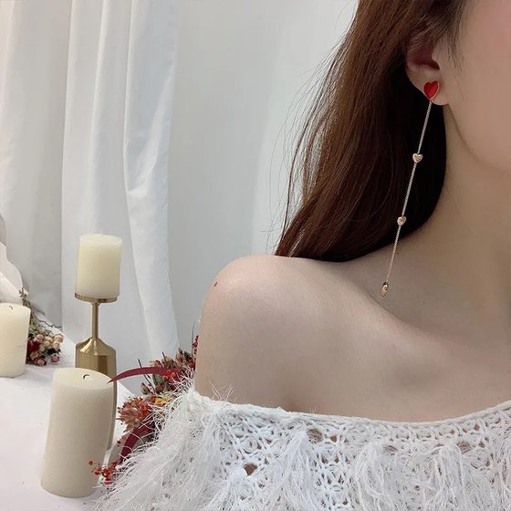 S925 sterling silver asymmetric red love long runus earrings Korean ins inS feminine earrings student gift S925 sterling silver asymmetric red love long runus earrings Korean ins inS feminine earrings student gift