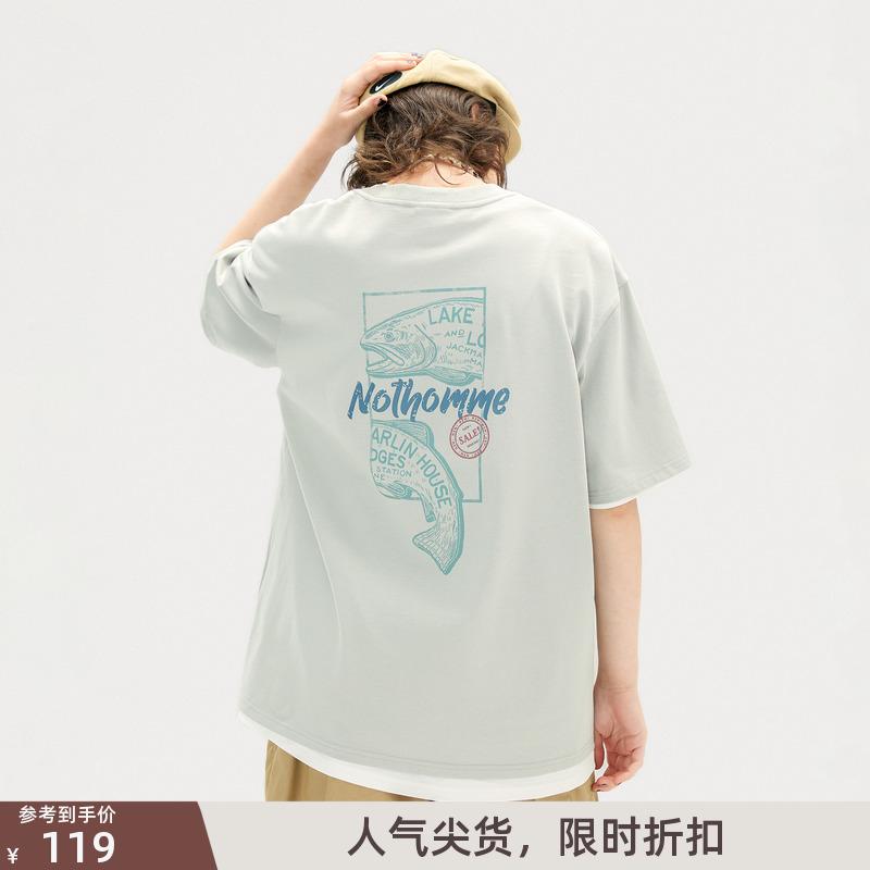NOTHOMME 230g平纹针织 日系潮牌春夏山系版画宽松印花短袖T恤男