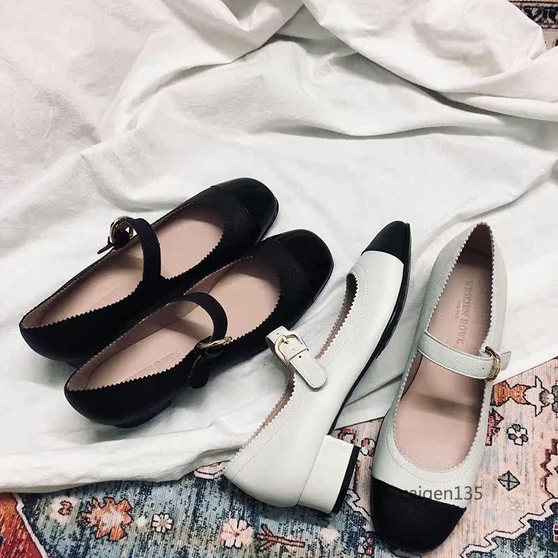 玛丽珍鞋子单鞋法式真皮粗跟单鞋一字带ins风小众方头复古女鞋子