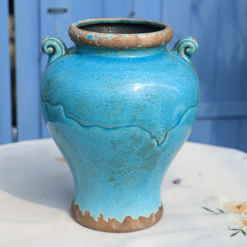 陶瓷彩釉复古做旧蓝色双耳字母花瓶瓶罐家居花瓶