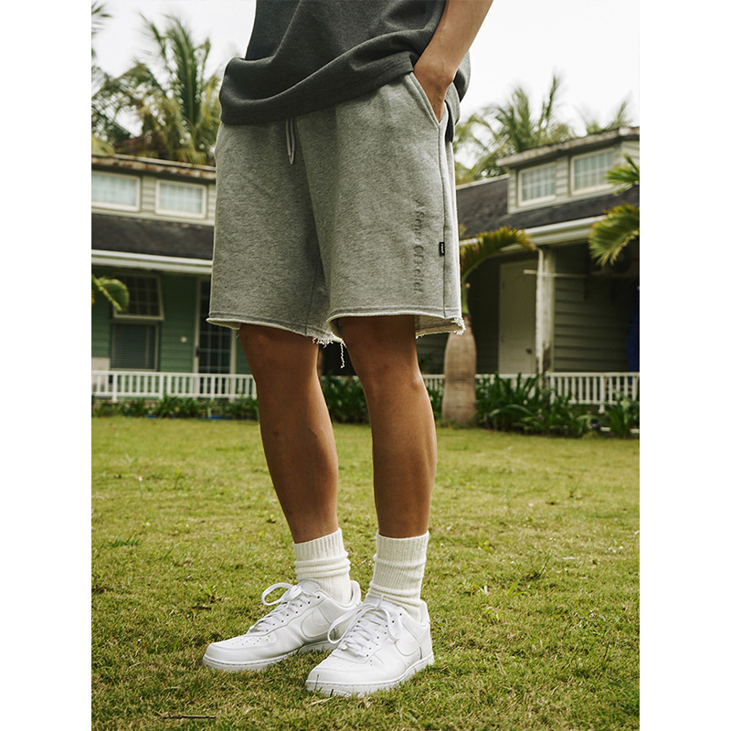 PHEW灰色针织毛边刺绣短裤男夏季运动裤美式潮流裤子宽松休闲裤