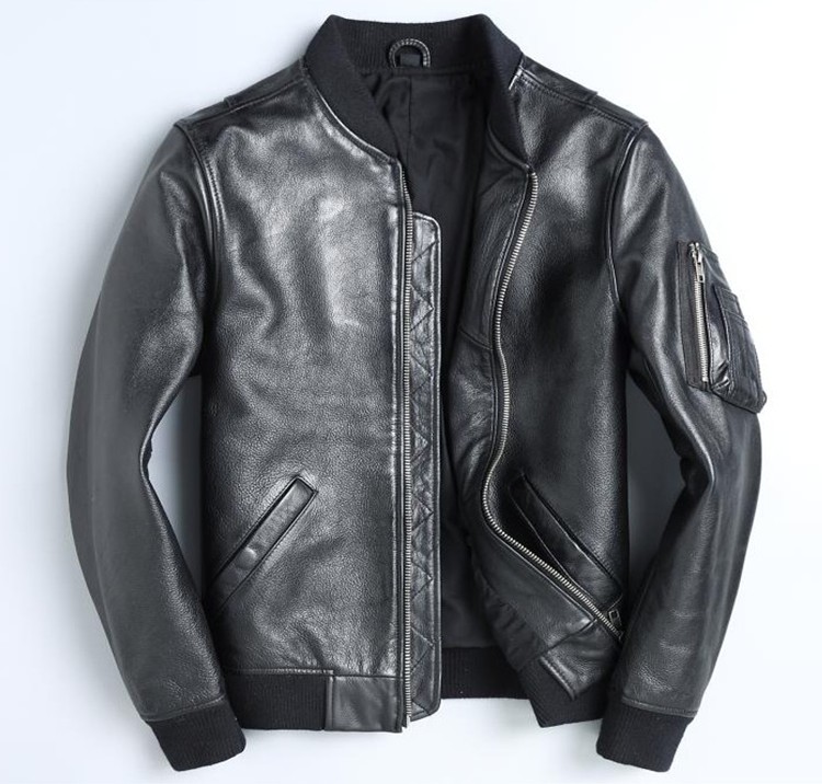 春秋新款黑色真皮皮衣男士棒球服短款空军头层牛皮皮夹克休闲青年