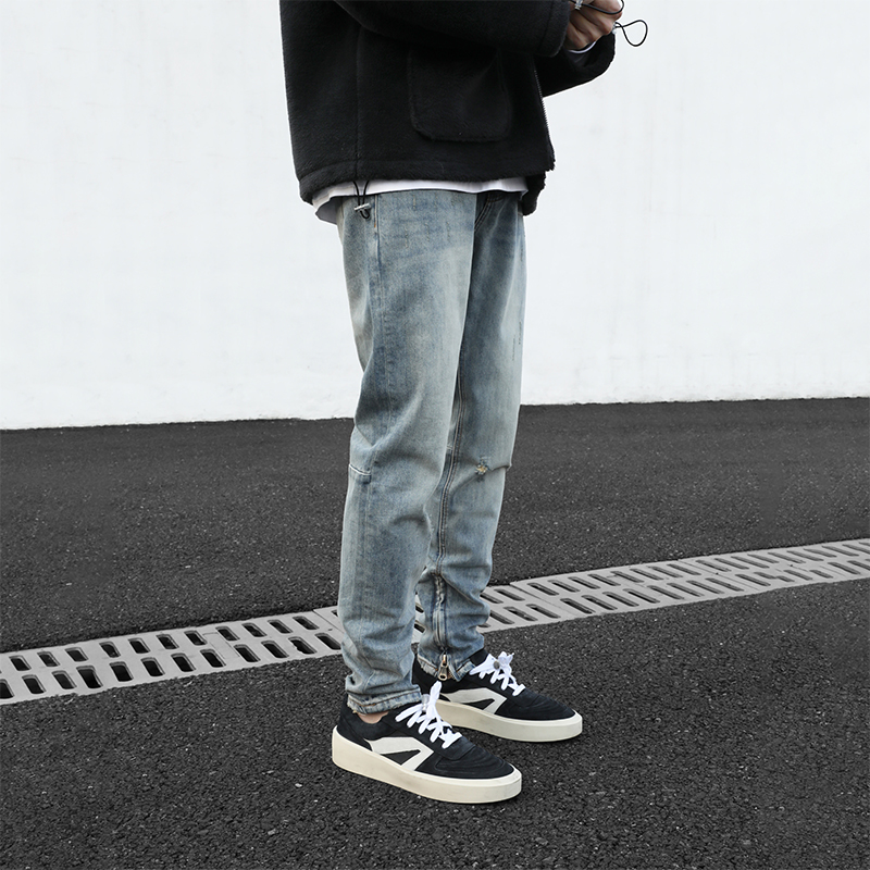 CLIMAX VISION水洗做旧磨破弹力牛仔裤可调节脚口拉链直筒裤潮牌