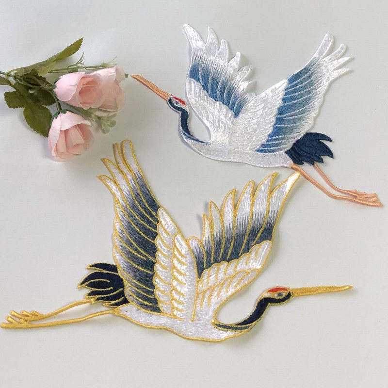 saskia高端仙鹤刺绣布贴大中小成对贴花衣服装饰布贴