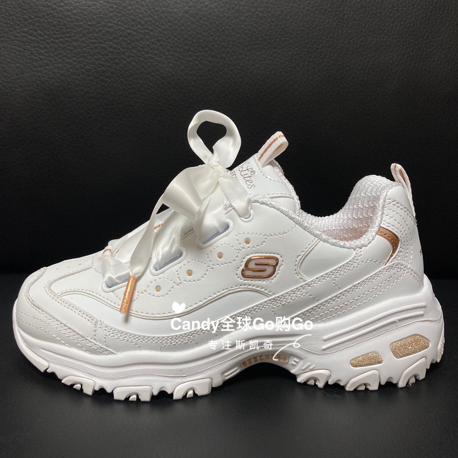 skechers斯凯奇女鞋经典熊猫休闲丝带小白鞋厚底增高运动休闲鞋