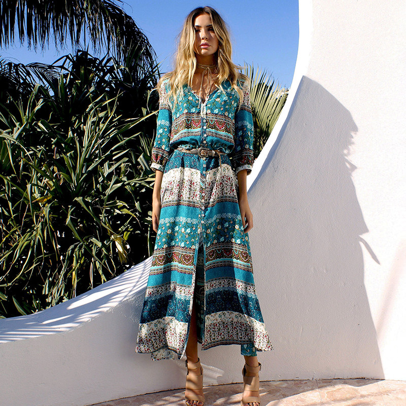 欧洲站2019新款女装欧美海边渡假连衣裙夏装碎花波西米亚沙滩长裙