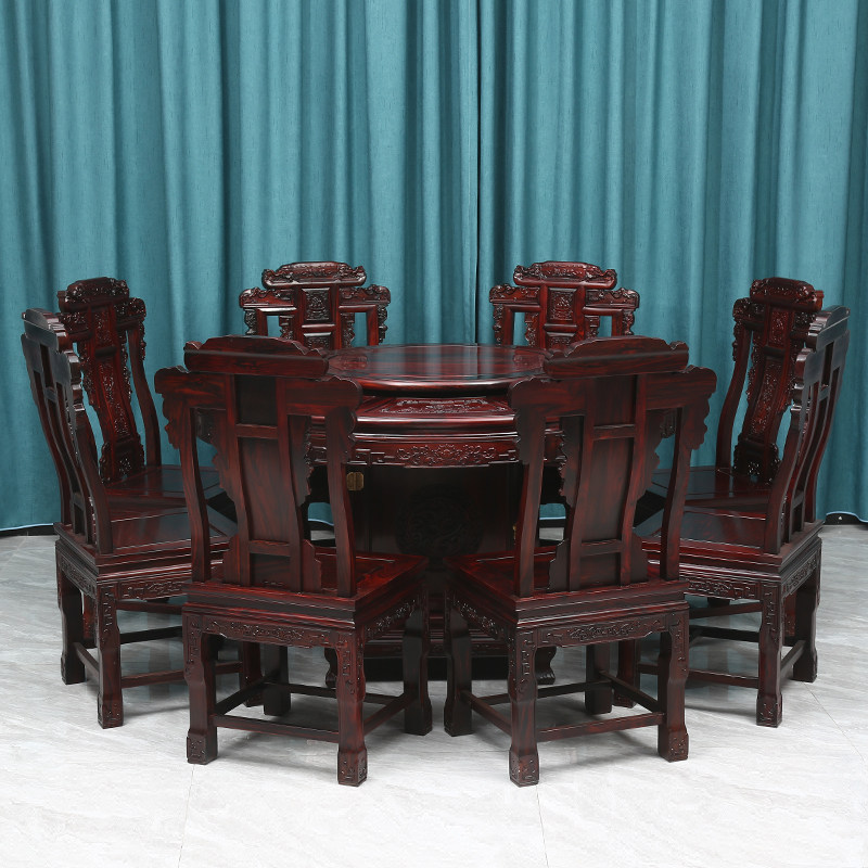 东阳红木印尼酸枝圆桌阔叶黄檀雕花餐桌