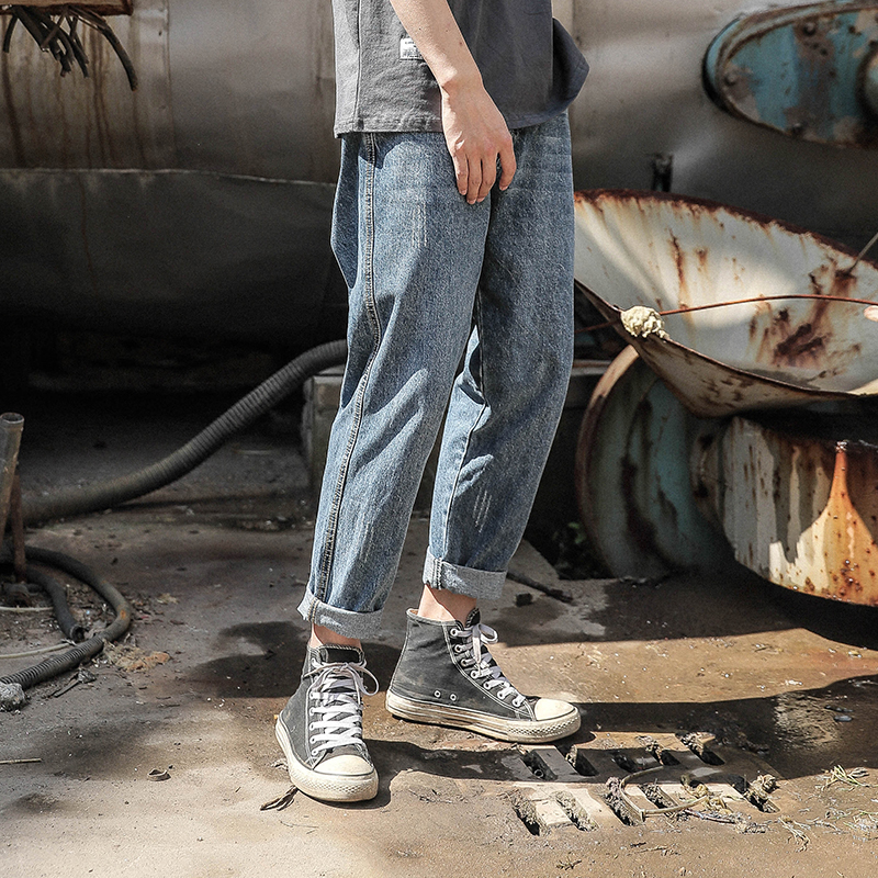 LMTNZD2021秋季牛仔裤男士韩版潮宽松直筒水洗复古做旧九分裤子