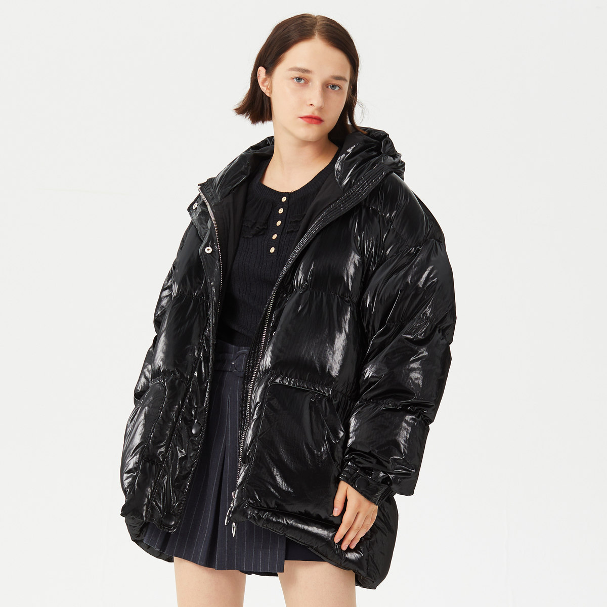 peoleo白鹅绒外套保暖鹅绒连帽飘蕾羽绒服羽绒服