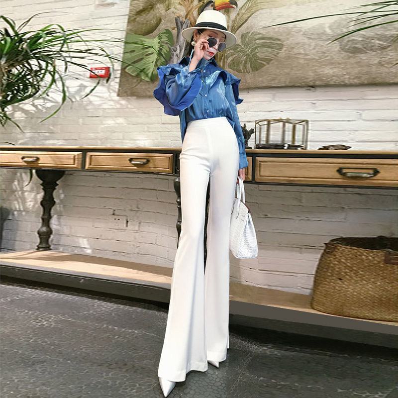 2023春晚白色大喇叭裤女高腰垂感显瘦新款拖地模特西装裤子