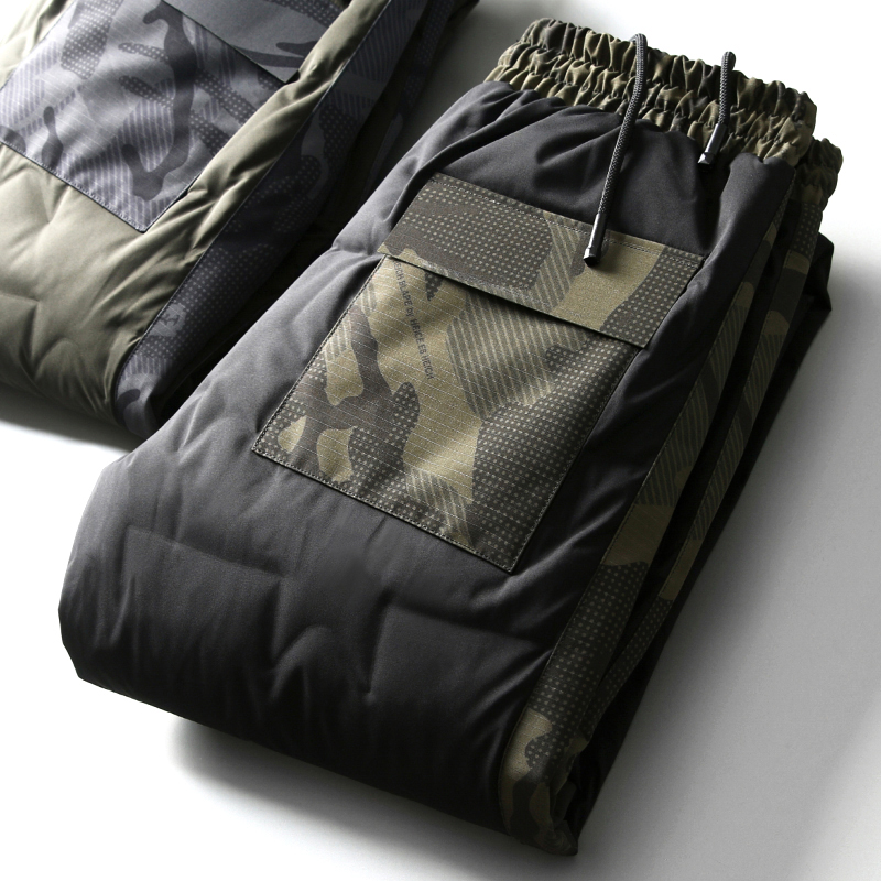 冬季潮流双料拼接防钻绒压胶保暖白鹅绒男士小脚休闲羽绒裤男外穿