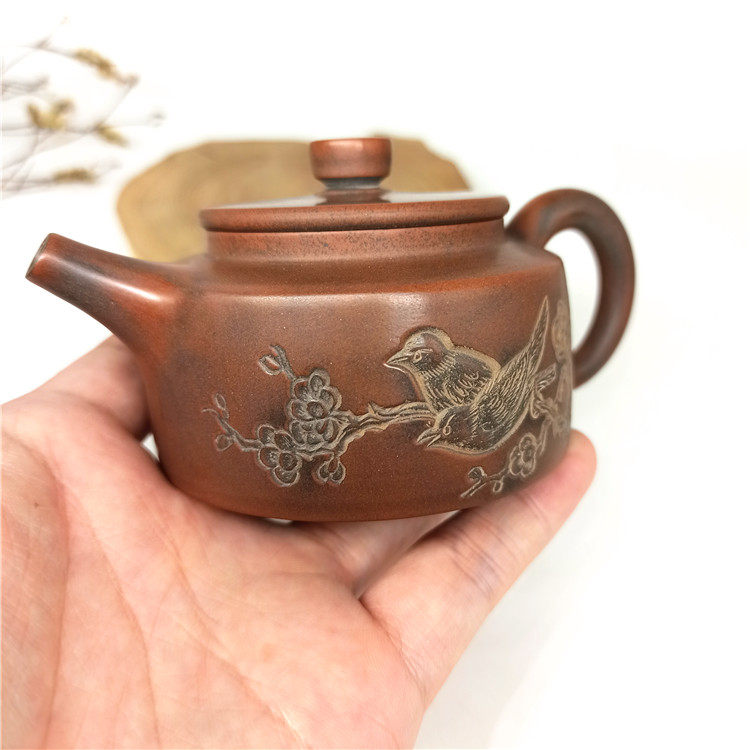 广西钦州坭兴茶壶黎昌权大师喜上眉梢花鸟100ml精品茶壶