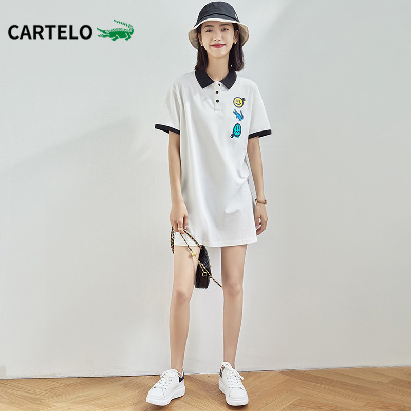 卡帝乐鳄鱼女装纯色polo裙2022春夏新款笑脸印花休闲直筒连衣裙女