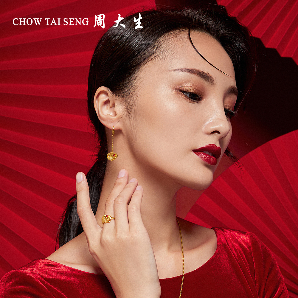 黄金周大生耳环足金古法婚庆婚嫁结婚三金珐琅耳饰