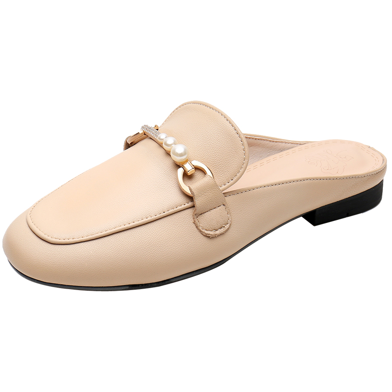 包头平底皮软真皮半拖鞋女穆勒拖鞋懒人新款包头拖