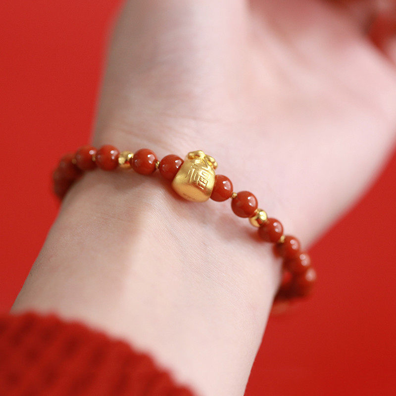 纳福软语原创手作24k黄金福袋南红玛瑙满色满手链