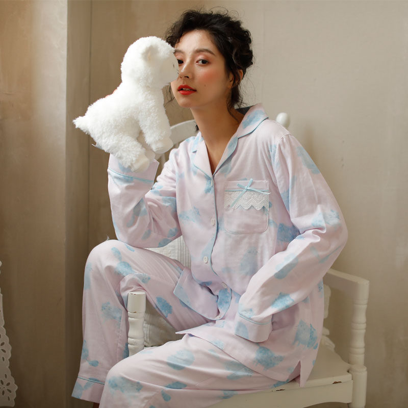 蔓秋meju夏日纯棉双层纱布可爱猫咪睡衣