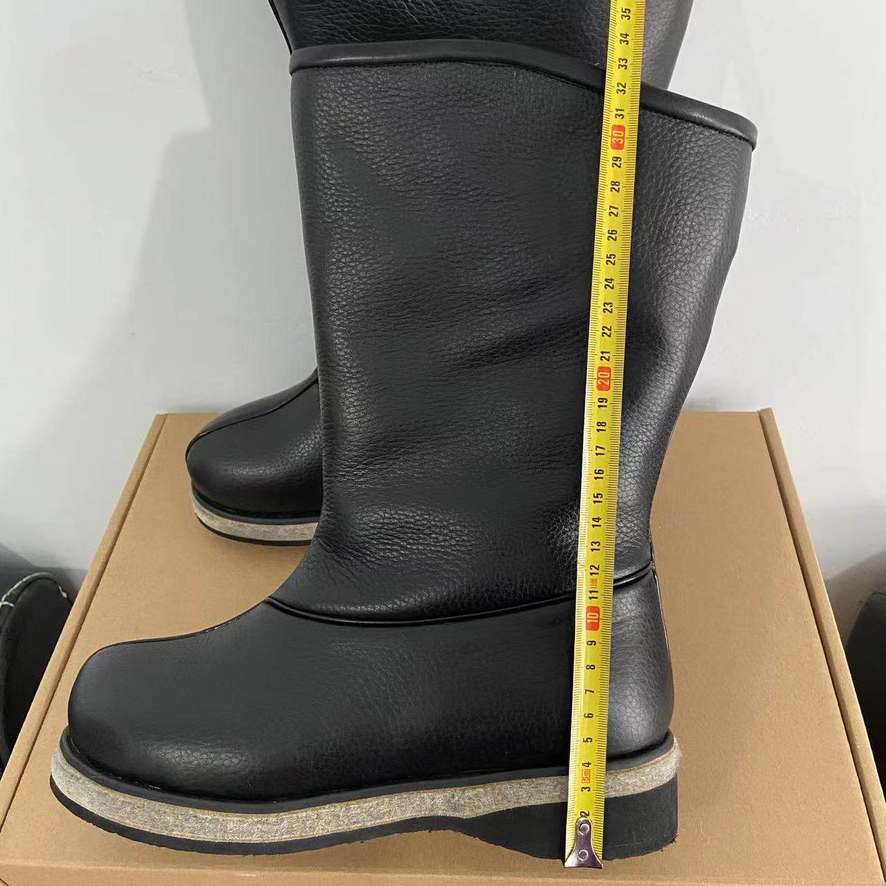 冬季头层牛皮男士羊毛靴圆头蒙古蒙古马马靴中筒时装靴