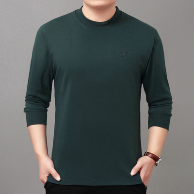 中老年长袖t恤男纯棉宽松中领父亲中年秋衣打底衫春季纯色老头衫