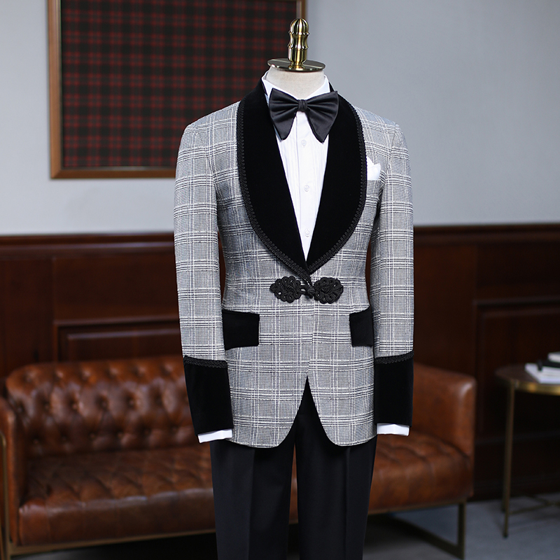 IsirHonour绅士亲王格子青果领拼丝绒织带盘扣西装礼服男英伦西服
