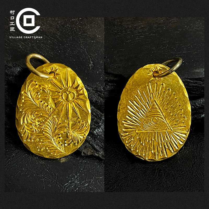 村口工匠手工原创金饼24k手打唐草飞鸟鹰金项坠