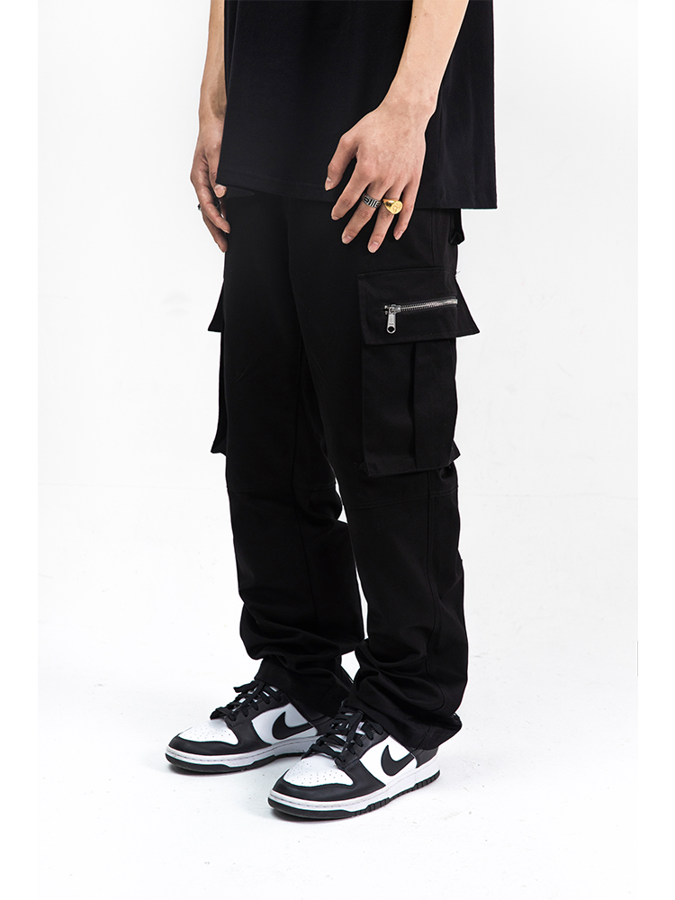 CRM野心 欧美高街vibe风格裤子黑色侧边拉链口袋国潮工装微喇叭裤