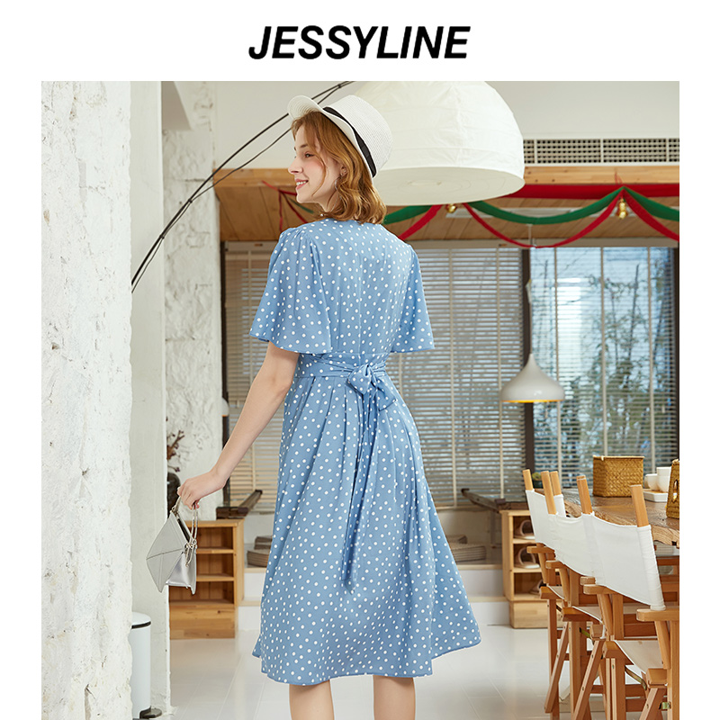 杰西莱新款蓝色波点雪纺v领连衣裙收腰a字裙夏季裙 jessyline - 图3