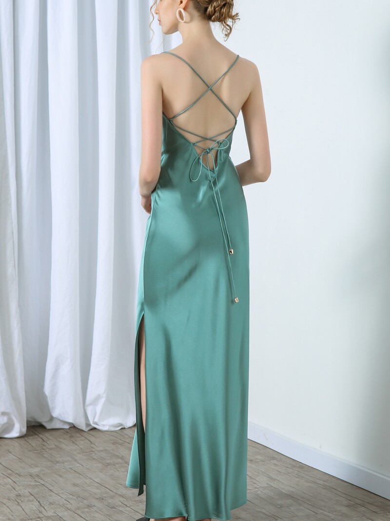2020新品丝质缎面吊带荡领露背系带纯色高开叉连衣裙