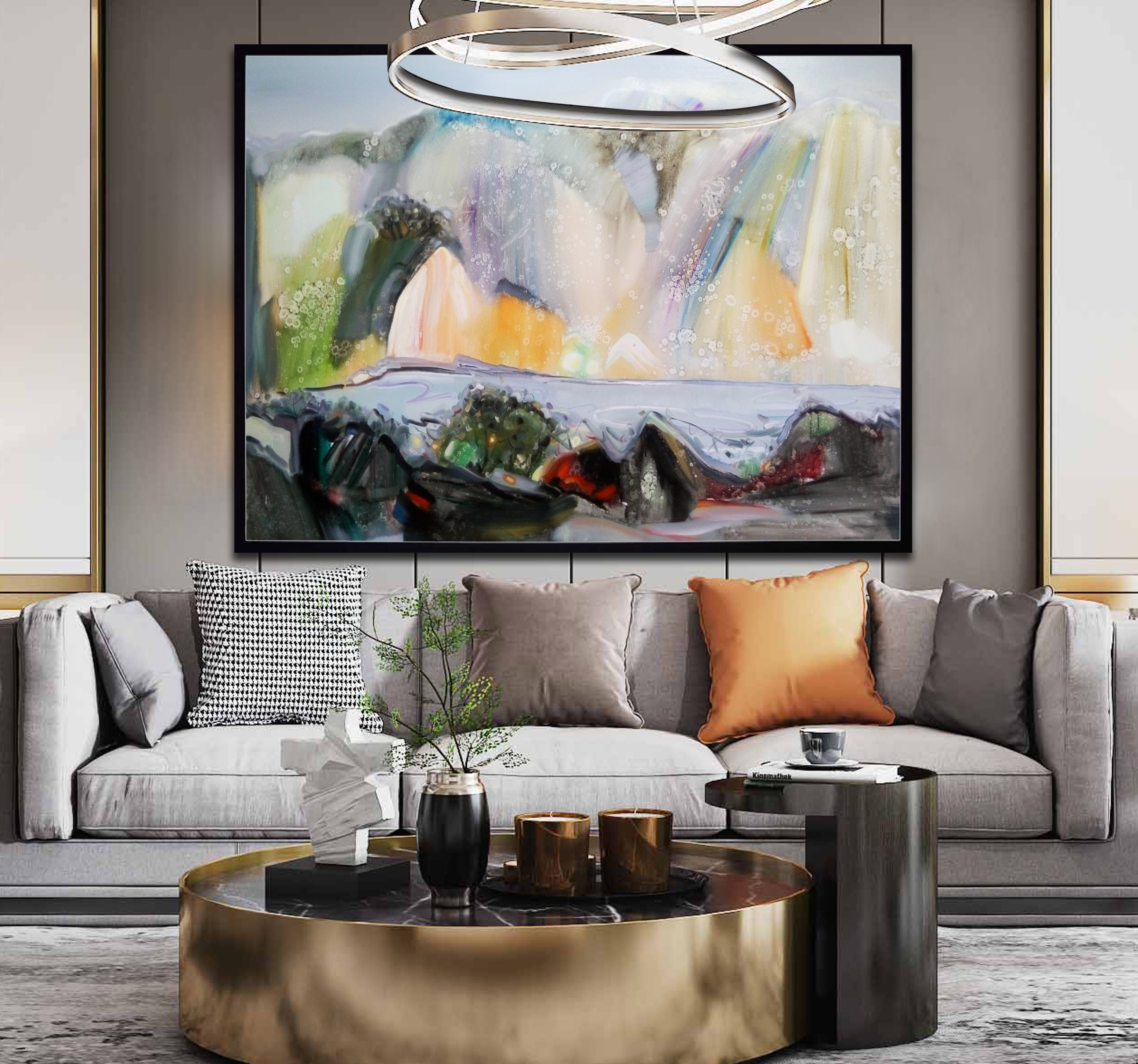 中式框新挂画玄关书房孤品客厅油画风景抽象油画