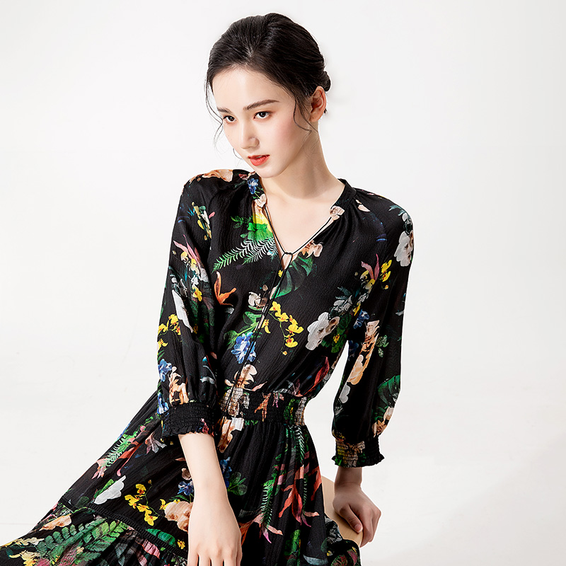 yifini易菲100v领真丝连衣裙七分袖中长款过膝长裙2021夏季新款