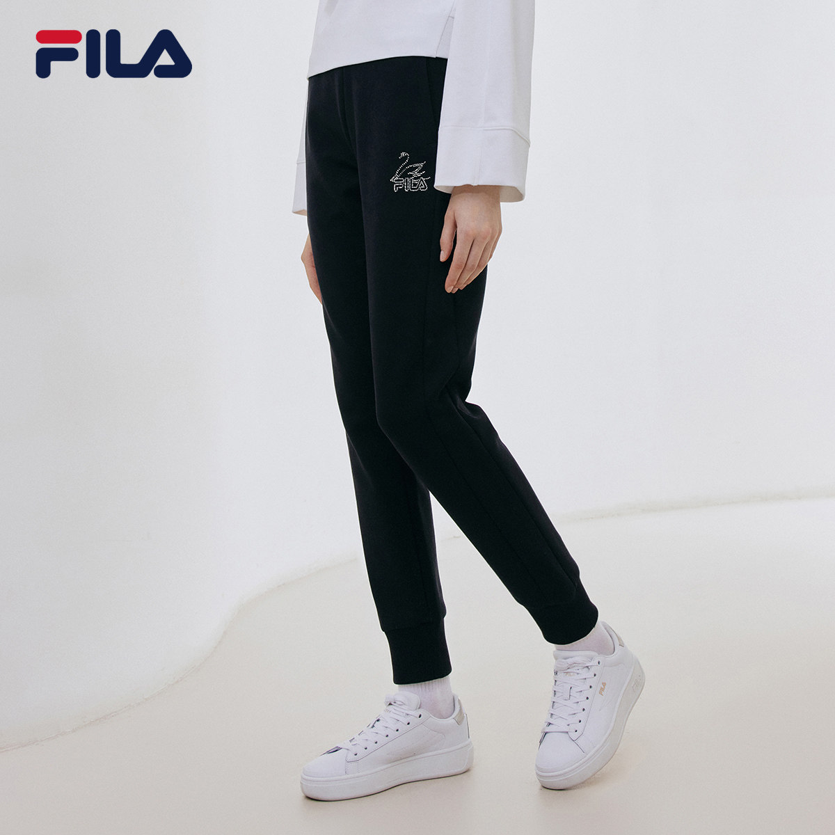 fila斐乐官方女裤针织长裤2021年秋季新款天鹅烫显瘦束脚裤子女