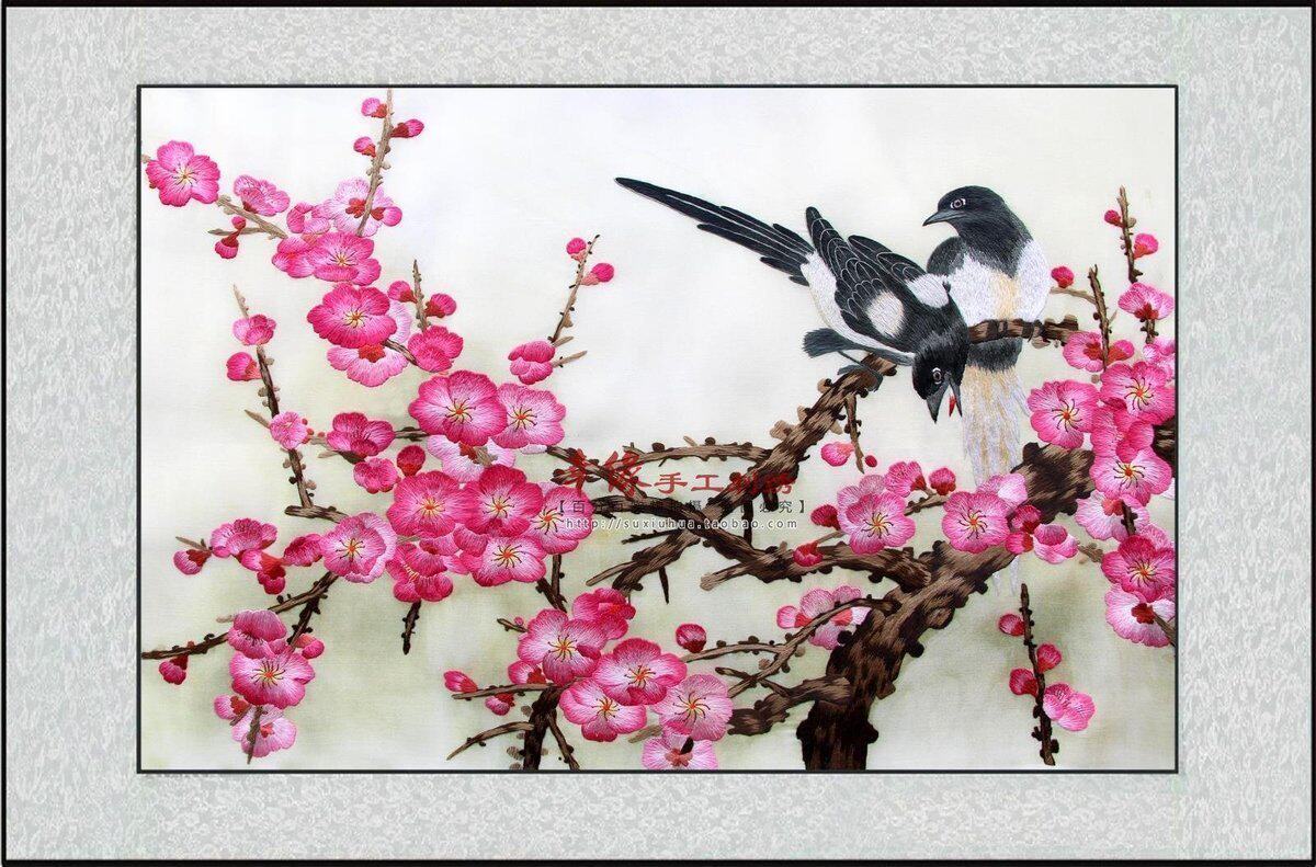苏绣成品客厅装饰画喜上眉梢手工刺绣精品喜鹊梅花苏绣