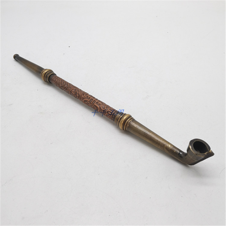 复古老式黄铜旱烟袋仿古烟枪一体烟斗加粗镶花烟斗