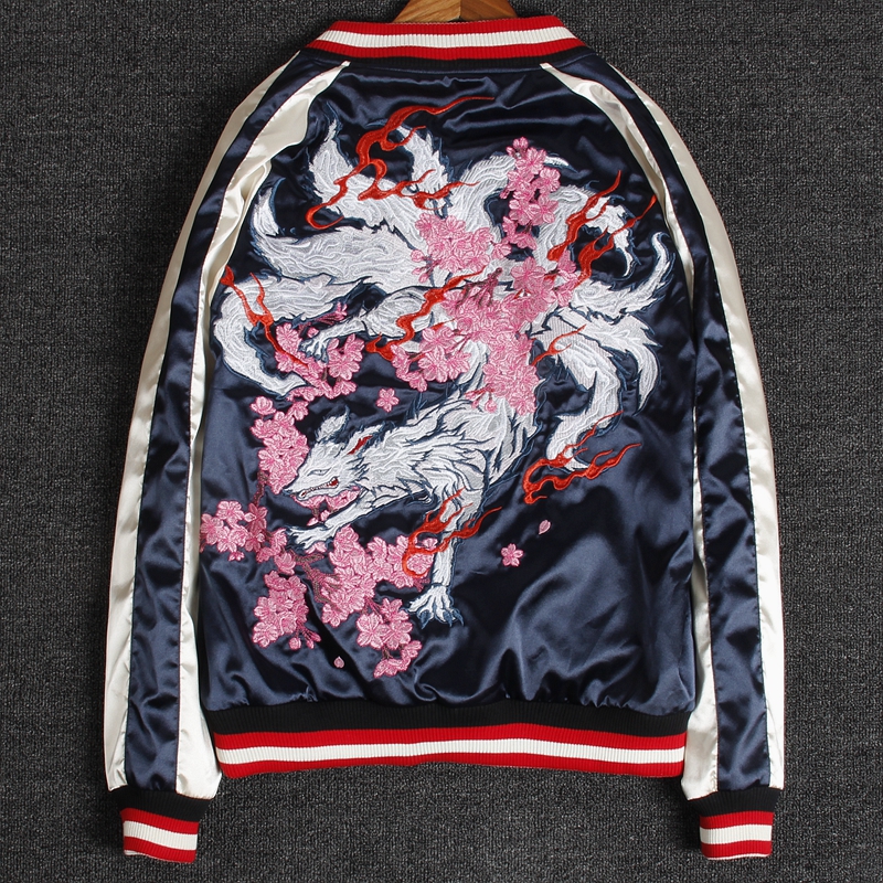 日系男女同款春秋横须贺九尾狐刺绣棒球服飞行员夹克两面穿外套潮